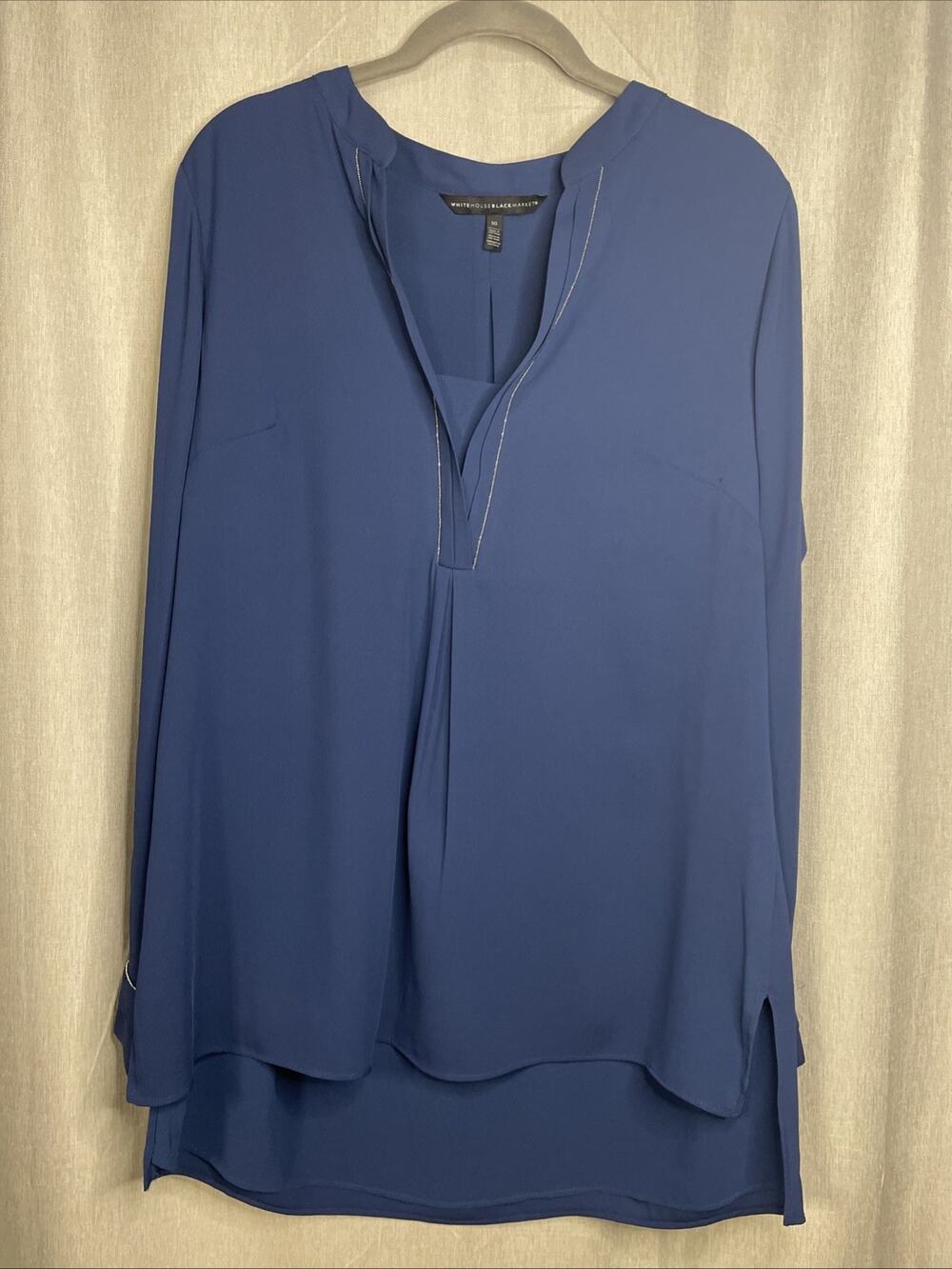 WHBM Tunic Blue Top Hi/Lo Hem Size 10 - Beautiful Metallic Trim/Zipper Sleeve